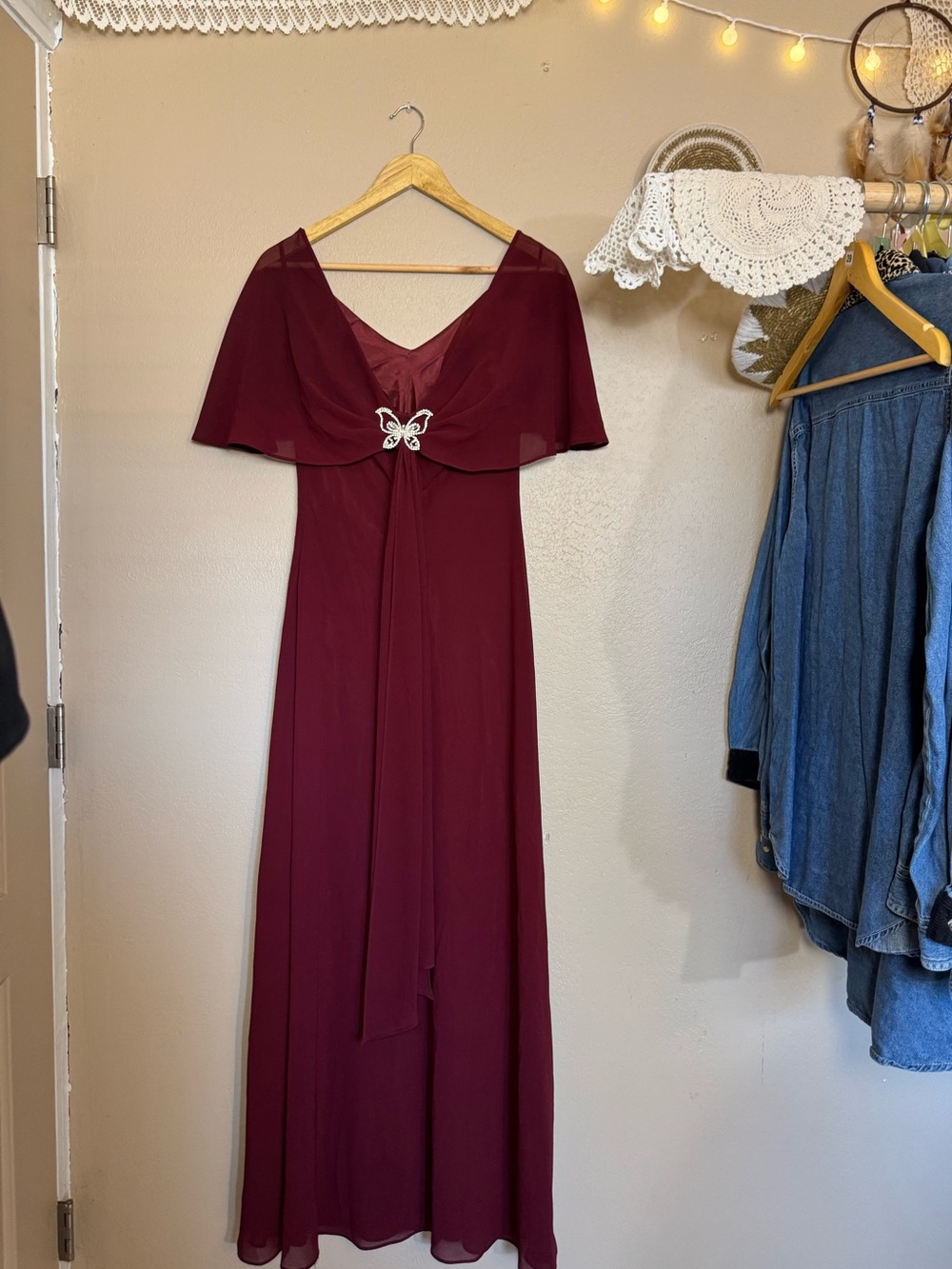 Y2K Burgundy Chiffon Flutter A-Line Maxi Dress | Size Medium MADE IN USA